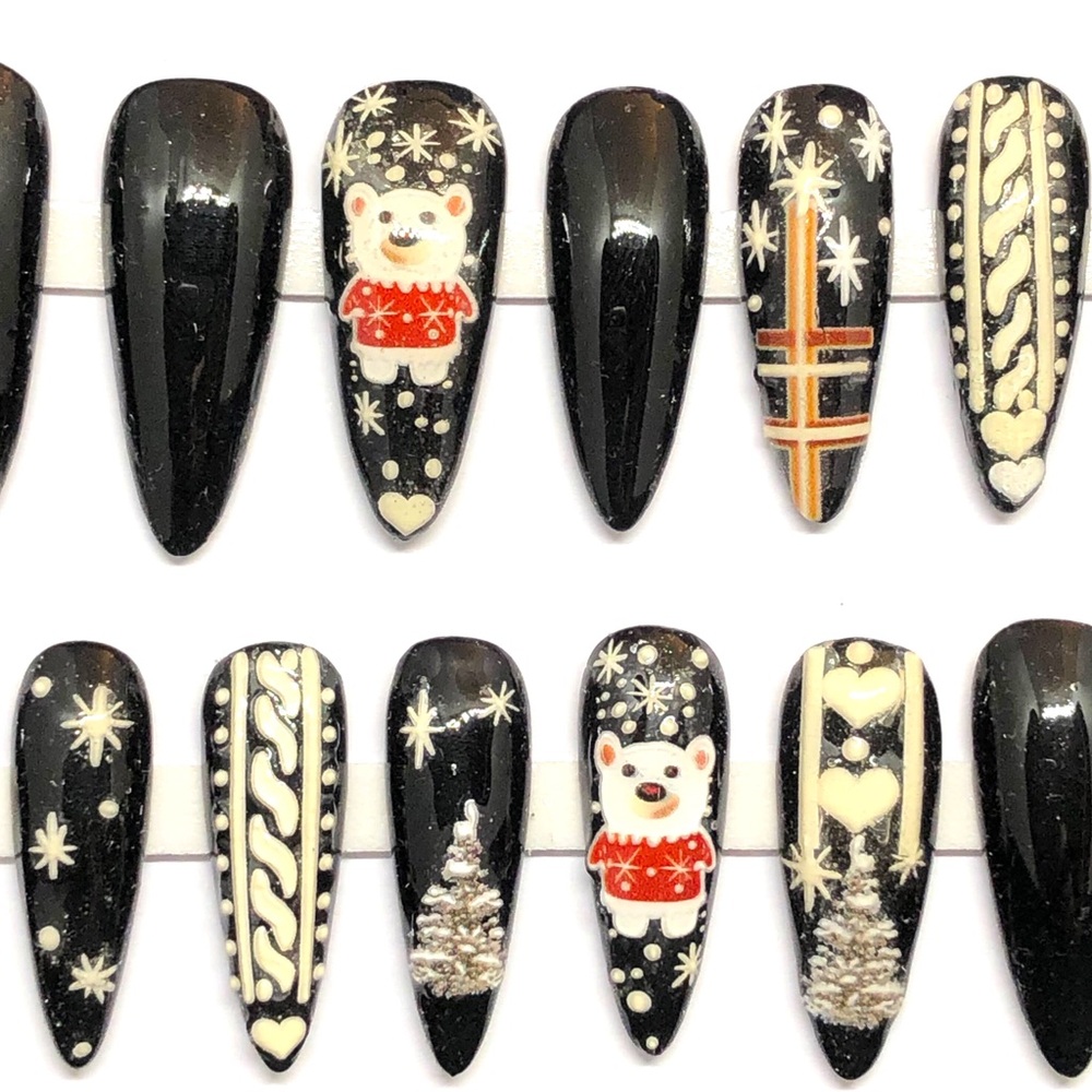 Handmade Press On Nails Custom Long Nails Almond Shape Black Christmas Nails - Picture 2 of 9